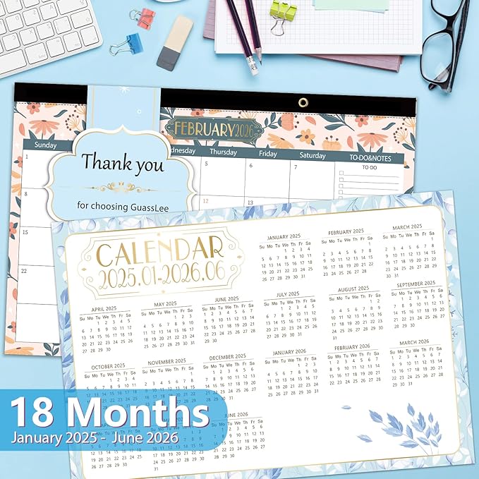 GuassLee Desk Calendar 2025, Desk Top Calendar from Jan. 2025 to Jun. 2026, 17" x 11.5" Large School Year Desk Wall Calendar with To-Do List and Notes for Office School Home Teacher Planning