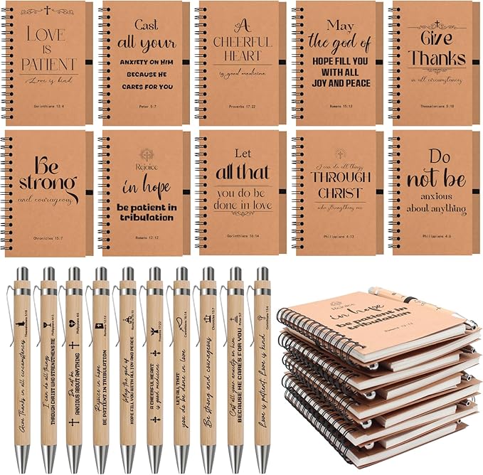 60Pcs Christian Gifts Prayer Journal,10 Bulk Spiral Notebooks with 10 Bible Pens for Christian Women Men, Church Supplies for Office School Visitor, Pocket Bible Journal Notebooks for Believer