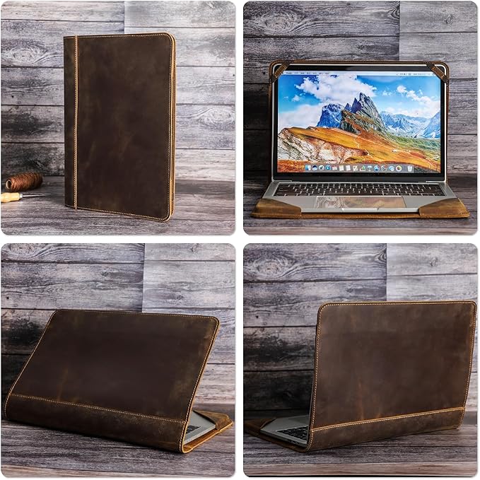 Top Grain Leather Text Custom Laptop Folio Case Protector, Vintage Open/Zipper Style, Fully Handmade, Compatible with MacBook Pro/Air 13.3"/14"/15"/16.2" & Other PC & Accessories