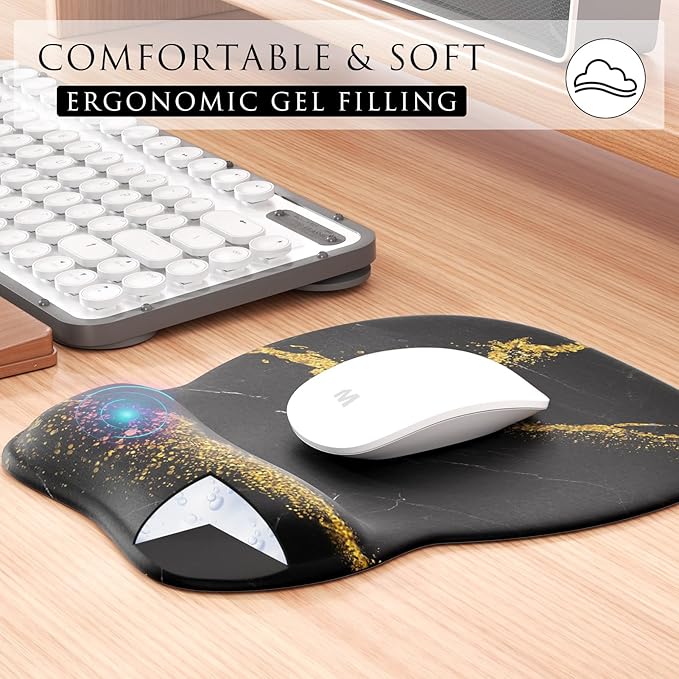 MROCO Ergonomic Mouse Pad with Gel Wrist Rest, Comfortable Mousepad with Smooth Wrist Support Surface and Non-Slip PU Base for Pain Relief, Computer, Laptop, Office & Home, 9.4 x 8.1 in, Black Gold