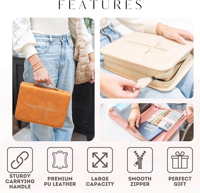 Bible Cover Case for Women - PU Leather Bible Covers for Women –Bible Case for Girls - Minimalist Design Debossed Bible Case, Large Bible Covers for Women – Bible Accessories (Brown/Gold)