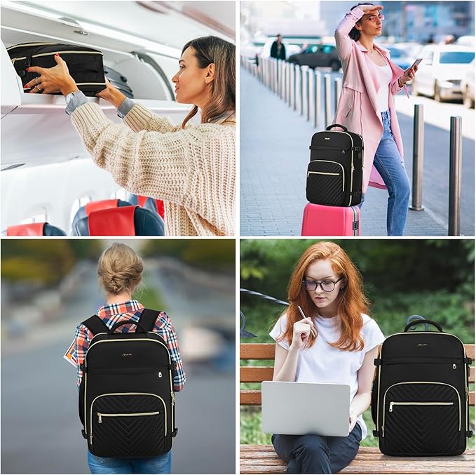 Travel Backpack for Women, Carry On Backpack for Airplanes Flight Approved, Waterproof Large Weekender Overnight Bag Fit 18.4 Inch Laptop with USB Charging Port, Black