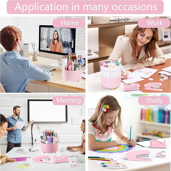 Pink Desk Accessories, Pink Office Supplies 360°Pen Holder Desk Organizers and Accessories with Tape Dispenser, Stapler, Staple Remover, 1000 Staples, Tape, Clips Set, Ruler, Scissor, Pen