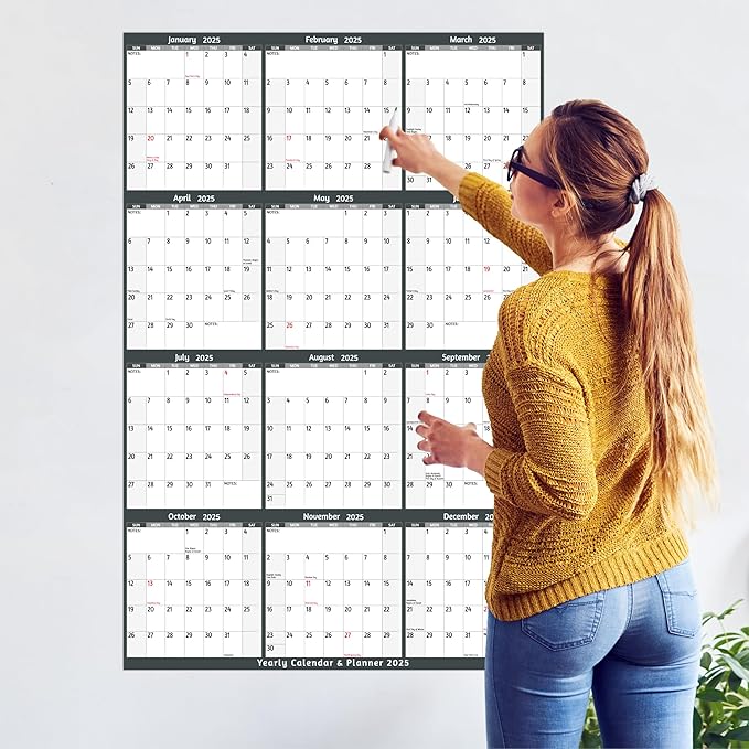 Yearly Wall Calendar 2025 - Large Yearly Calendar 2025 Vetical, Jan 2025 - Dec 2025, 25.2" x 38.2" (Open), 2025 Calendar, Large Wall Calendar 2025, Full Year Paper Calendar with Notes, Thicker Paper