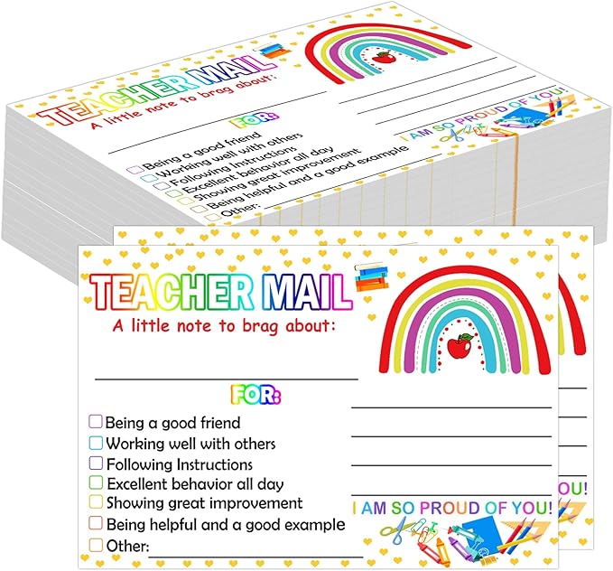 4 x 6 inch Rainbow Happy Mail Teacher Notes to Parents Classroom Good Behavior Incentive Motivational Cards 50 Pcs Motivational Notes Positive Postcards For Home,Preschool, Kindergarten, Elementary (Color3)