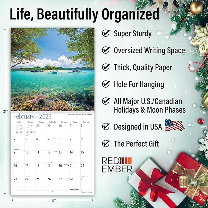 RED EMBER Tropical Escapes 2025 Wall Calendar 12 Month | 12" x 24" Open | Thick & Sturdy Paper | Giftable | Calendar 2025