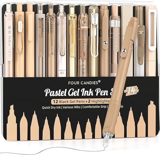 Four Candies 14Pack Pastel Gel Ink Pen Set,Cute Retractable 0.5mm Fine Point Pen,Note Taking Aesthetic Pens,12 Pack Black Ink Pens with 2Pack Highlighter, Smooth Writing Pens for School, Office(Brown)