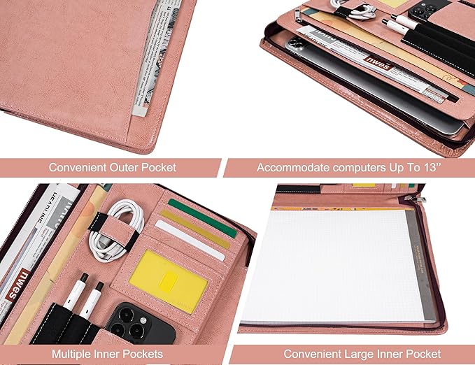 Calfinder Leather Padfolio for Women, Professional Vegan Leather Resume Zippered Portfolio Folder, Business Portfolio Organizer with A4/US Letter Writing Pad Holder, Gift for Women/Girls, Pink