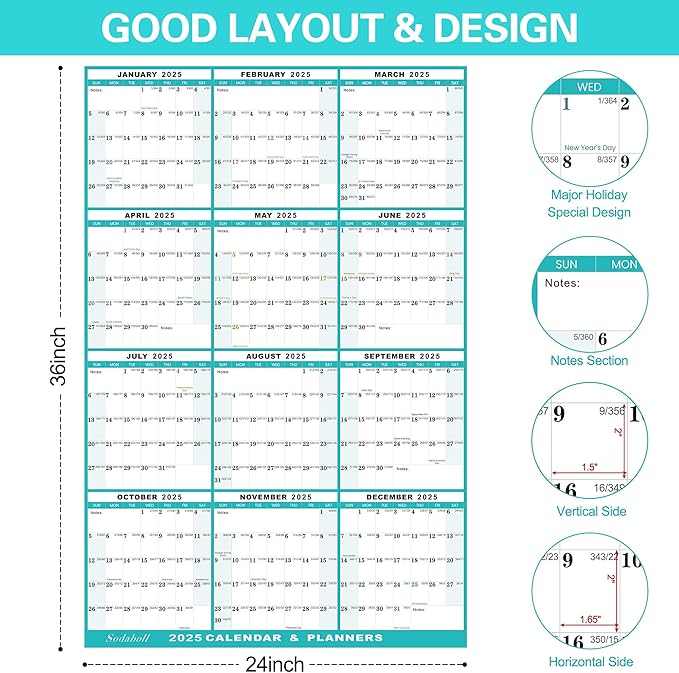 24" x 36" 2025 Wall Calendar, Folded Wet & Dry Erase Wall Calendar 12 Month, Annual Yearly Planner Yearly Laminated Calendar 2025 Horizontal/Vertical, with Julian Dates