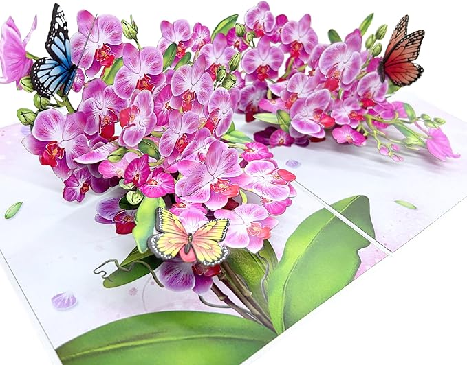 Pop Up Birthday Card for Women, Wife; Butterfly on Purple Orchid Mother's Day Card, 6"x 8" Gift Cards,Thinking of You, All Occasion for Her, Mom, Sister, Grandma, Daughter, Every Orchid Lover