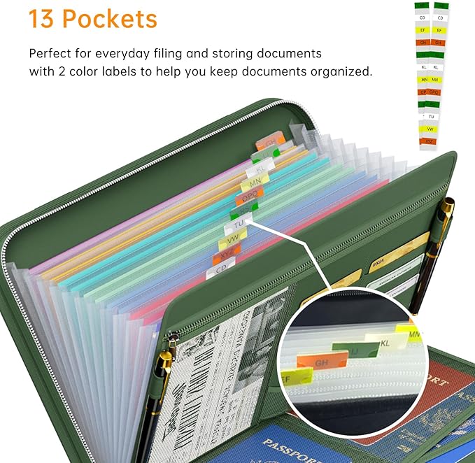 Tamfile Fireproof Accordion File Organizer with Handle, 13 Pocket Expanding File Folder with Zipper & Labels, File Folder with Multi-Pockets Paper Organizer Folder for Letter A4 Files, Green