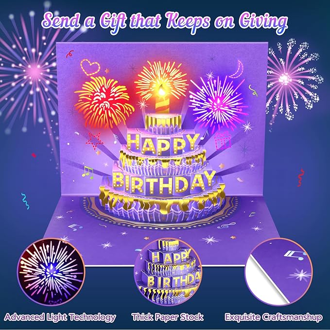 Birthday Cards Birthday Gifts for Women Fireworks Pop Up Cake Light and Music Happy Birthday Card Purple Gold