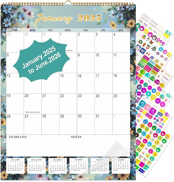 Gannyfer 2025 Wall Calendar, Large Wall Calendar 22"x17", 18 Monthly Hanging Calendar January 2025-June 2026, Yearly Planner Calendars with Plastic Cover, Thick Paper for Home School, or Office, Christmas Gifts for Women-Floral (6 Funny Stickers)