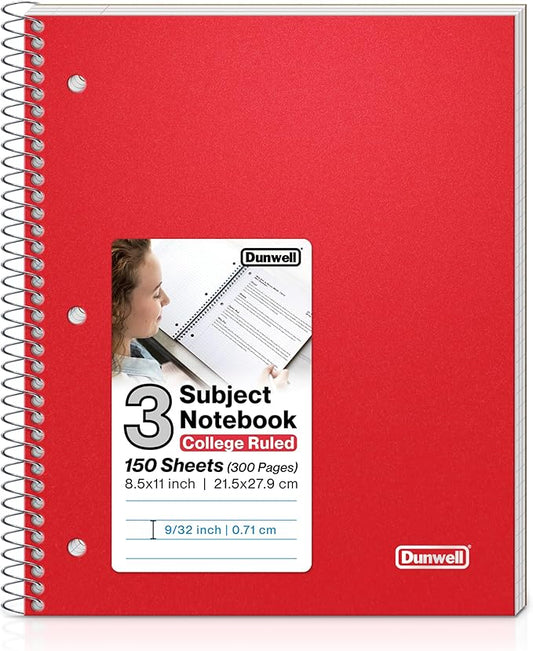 Dunwell 3 Subject Notebook College Ruled (Red), 150 Sheets (300 Pages), Spiral Notebook 8.5 x 11, Plastic Cover, 3 Pocket Divider Folders, 3-Hole Punched Perforated Paper