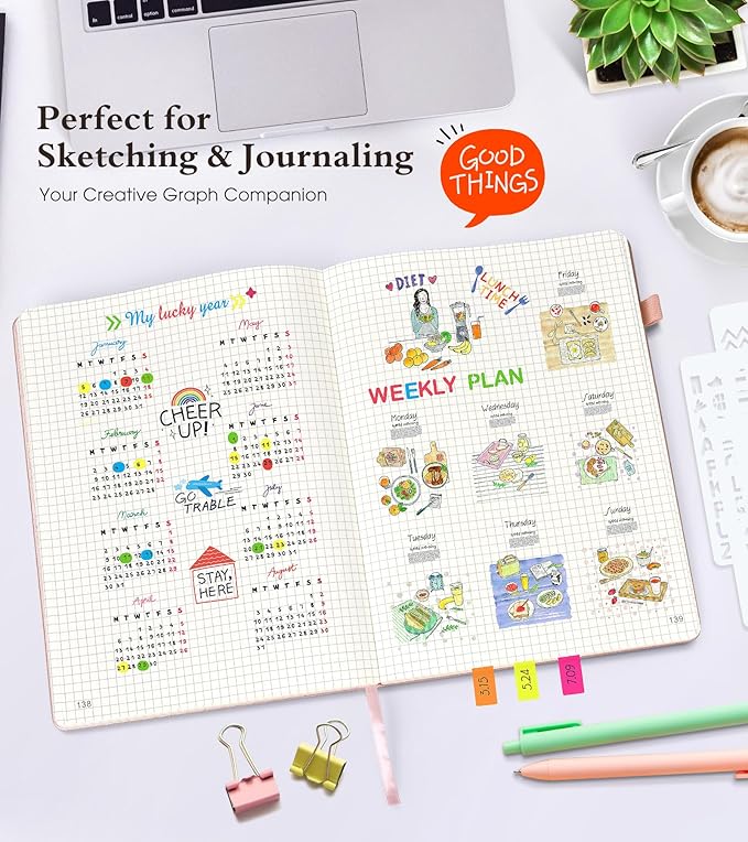 Graph Paper Notebook Journal, 360 Numbered Pages Grid Notebooks, Thick 100gsm Graphing Paper Notebook Journals for Women Men, B5 Large Hardcover Leather Graph Notebook 7.6'' X 10'' Pink