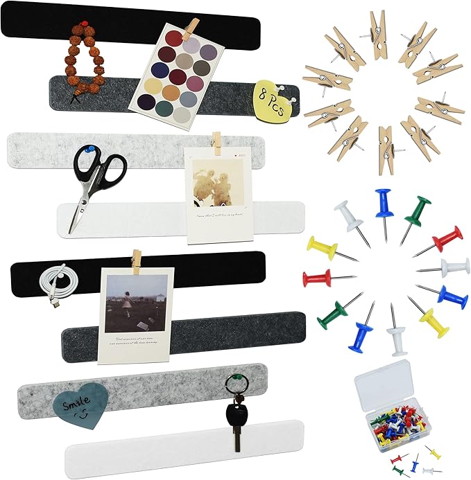 8Pcs Bulletin Board Strips, Black White Grey Felt Pin Board Bar Strips with 50 Pushpins, Self-Adhesive Felt Cork Board Strips for Wall to Display Your Notes, Photos, Schedules, Announcements