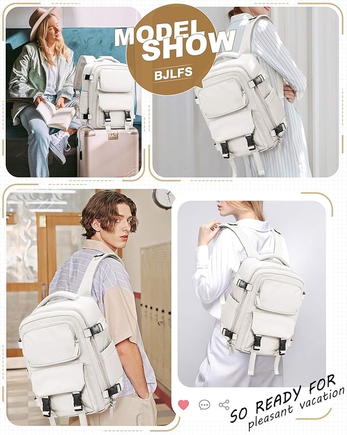 Travel Carry on Laptop Backpack for Women Men, Expandable Flight Approved Backpack, Waterproof Sports College bag Casual Daypack for Weekender Business Hiking Off White(Small)