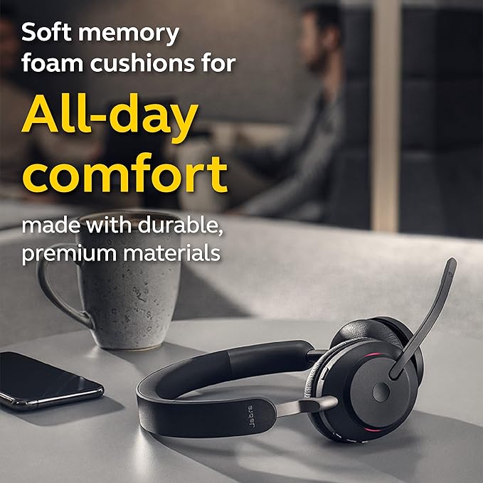 Jabra Evolve2 65 UC Wireless Headphones with Link380a, Stereo, Black – Wireless Bluetooth Headset for Calls and Music, 37 Hours of Battery Life, Passive Noise Cancelling Headphones
