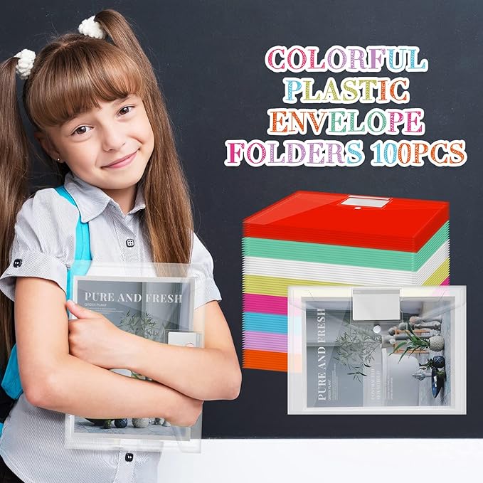Zhehao 100 Pcs Clear Envelopes with Snap Button Closure A4 Letter Size Plastic Envelope Folder Poly Document File Folders for home Office(Multicolor,Pocket Style)