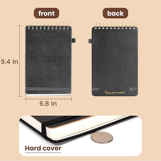 Yoment Top Spiral Notebook Leather Large Steno Pads 240 Pages Spiral Notepad for Work 7x10 Top Bound Steno Notebook, 100 GSM Thick Paper, Left Handed Notebooks for Office College School, Black