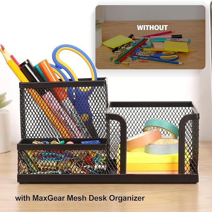 MaxGear Pen Holder for Desk - Black Metal Mesh Pencil Holder with 3 Compartments, Desktop Organizer with Non-Slip Mats, Office Supplies Organizer for School, Home & Workspace