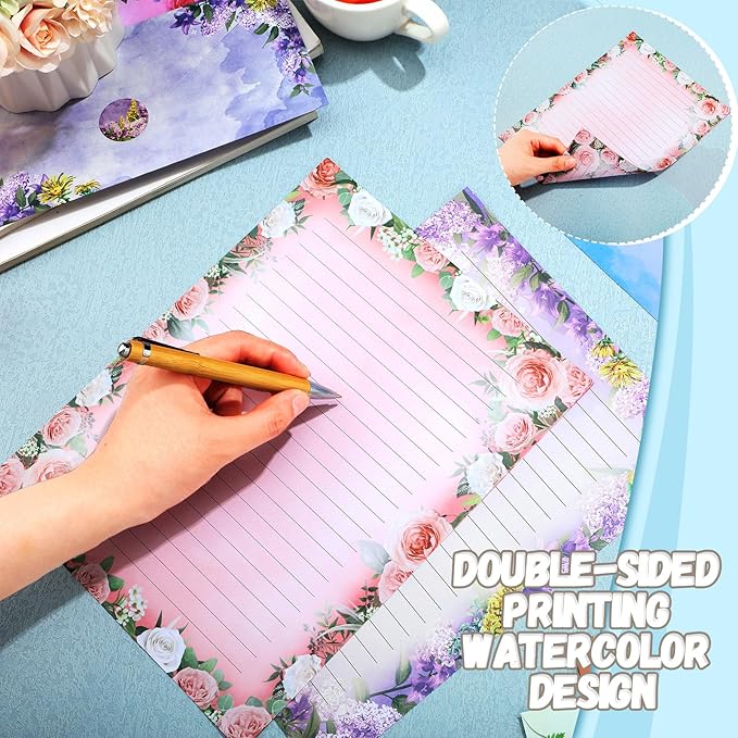 TaoBary 160 Packs Stationery Paper Set (50 Double Sided Stationery Writing Papers 50 Matching Envelopes) 60 Round Dot Sticker, 10 Design(Flower,8.5 x 11 Inch)