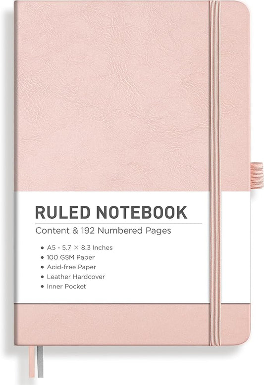 RETTACY Journaling Notebooks, A5 Lined Journal Notebook with 192 Numbered Pages, 5.7'' × 8.3'' Medium Size, for Writing, Work, Office, Leather Hardcover, 100 GSM Thick Paper (Rose Gold)