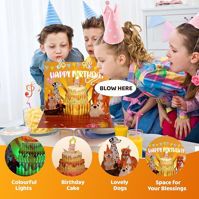 Musical Birthday Cards, Funny Dog Blowable Candle Pop Up Greeting Cards With Colourful Lights, Birthday Gifts for Kids Men Women Mom Dog Lover and Dad