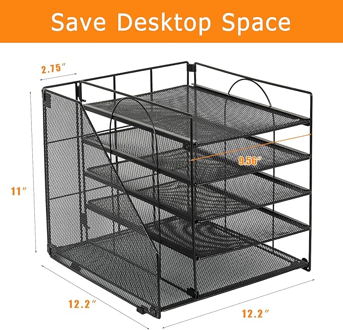 Desk Organizers and Accessories, 5-Tier Paper Letter Tray Organizer with File Holder, Desktop Organizer for Office Supplies (Black)