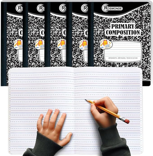 5 Pack Primary Composition Notebooks, 200 Pages (100 Sheets), Primary Ruled Composition Notebook for Kids, 9-3/4" x 7-1/2", Grades K-2 Writing Workbook, Writing Dotted Lined, Black Marble