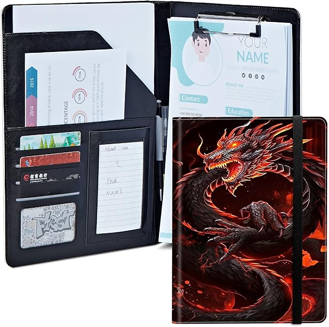 Red Dragon Padfolio Folder with Clipboard,Portfolios Organizer Clipboards with Storage Clipboard Writing Pad PU Leather Conference Document Organizer with Business Card Holder