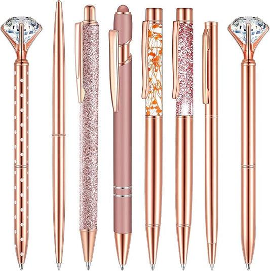 Supervitae 8 Pcs Ballpoint Pen for Women Fancy Gifts for Journaling Liquid Sand Glitter Black Ink Pens Bridal Shower Gifts for Wedding Women Office Desk School Stationery Supplies(Rose Gold)