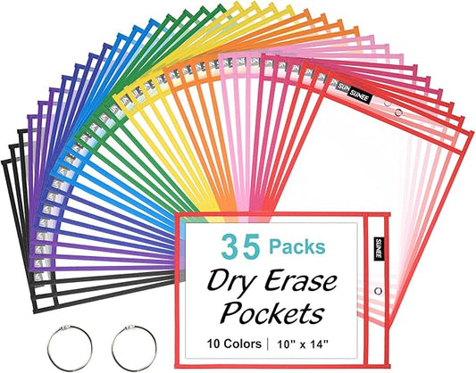 SUNEE 35 Packs Oversized Reusable Dry Erase Pocket Sleeves with 2 Rings, 10 Assorted Colors 10x14 Ticket Holders, Clear Plastic Sheet Protectors, Teacher School Classroom Supplies