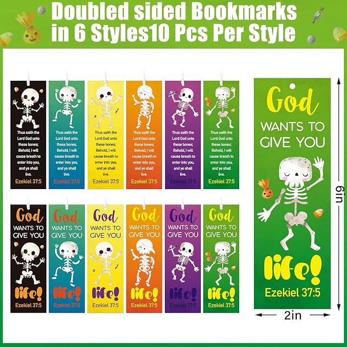 60 Pcs Halloween Skeleton Bookmark Ezekiel 37: 5 Ghost Christian Bookmarks God Wants to Give You Life VBS Exchange Gifts for Kids Adult Church School Classroom Prizes Party Favors