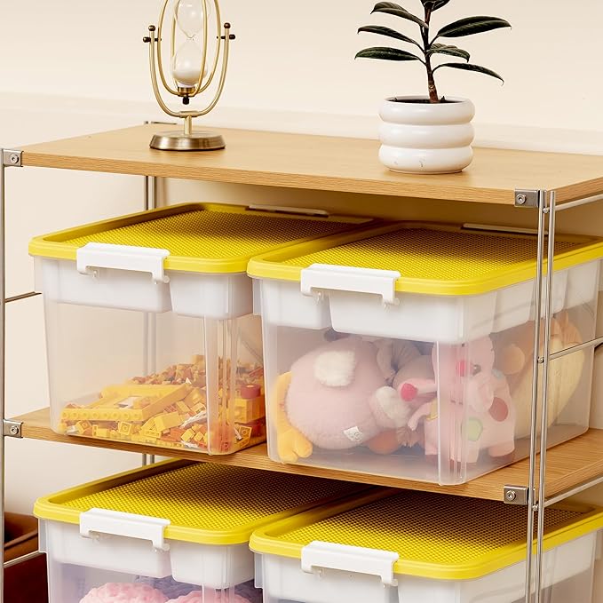 Citylife 32 QT Plastic Storage Box with Removable Tray Craft Organizers and Storage Clear Storage Container for Organizing Bead, Tool, Sewing, Playdoh, 4 Packs-Yellow