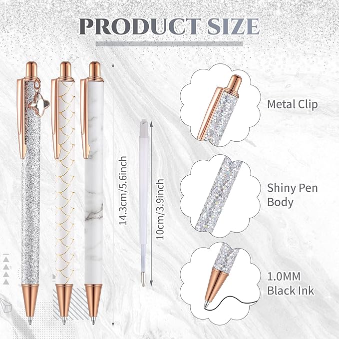 Sherr 7 Pcs Fancy Pens for Women Cute Sparkly Glitter Pens with 10 Pcs Black Ink Refills Pretty Gifts for Girls Office School Christmas Graduation(White,Novel)