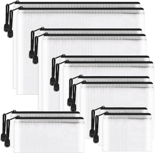 Umriox Zipper Bags, 6 Assorted Size (Black, 12 Packs), Project Bags for Cross Stitch, Mesh Zipper Pouch for Office Supplies Travel Accessories and Board Games Storage