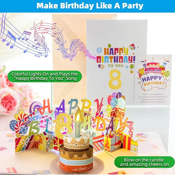 Gumry 8TH Musical Birthday PopUp Card, Blowable Colorful Light Candle 3D Cards with Song, Applause Cheers Sound, Greeting Cards Birthday Gifts Decorations for Daughter Son Turning 8 Years Old