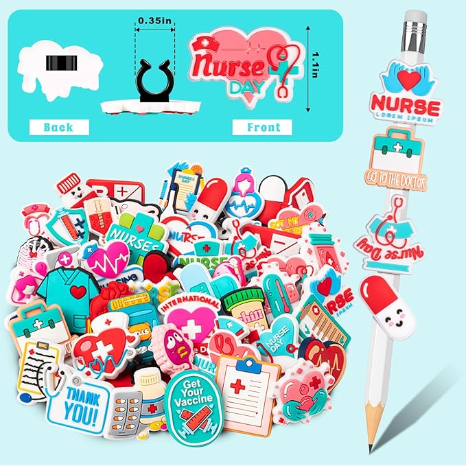 WDAHDHP Nurse Pencil Clips for Kids, 50Pcs Different Pencil Clips Topper, Cute Pencil Charms for Nursing School Students Medical Decor Nurse Week Nurse Day