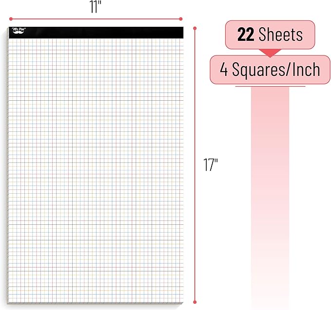 Mr. Pen- Graph Paper, 22 Sheets, 17"x11", 4x4 (4 Squares Per Inch), Colored Lined, graphing paper, grid paper, graph paper pad, 1/4 graph paper 1/4 inch grid, drafting paper, large graph paper