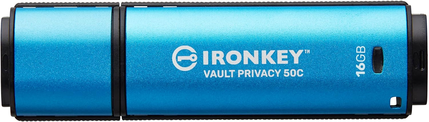 Kingston Ironkey Vault Privacy 50 USB-C 16GB Flash Drive | FIPS 197 Certified | XTS-AES 256-bit | BadUSB and Brute Force Protection | Mult-Password Option | IKVP50C/16GB