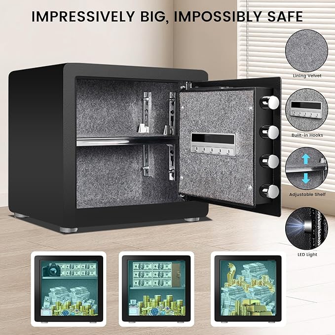 Kavey 1.6 Cub Biometric Safe, Home Safe with Backlit Touch Screen Keyapd and Dual Alarm System, Money Safe with Mute Function and LED Light, Small Safe Box for Home Documents Valuables