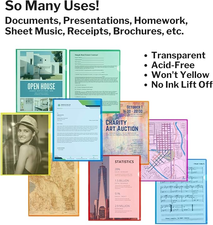 Dunwell Clear Plastic Folders Sleeves (12 Pack, Assorted Colors) - Plastic Sleeves for Paper 8.5x11, Transparent Project Folders with Plastic Paper Sleeves, Poly File Jacket for Documents