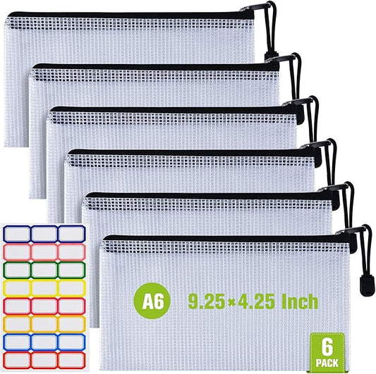 Plastic Mesh Zipper Pencil Pouches, 6PCS Waterproof Tear-Resistant Document File Folders, A6 Size Zipper Documents Pouch Document Organizer Bags for School Office Home Travel Storage(9.25×4.25Inch)