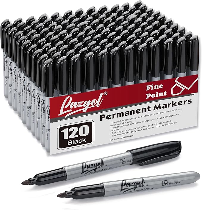 Permanent Markers Bulk, LAZGOL120 Pack Fine Tip Black Permanent Markers, Waterproof Markers, Premium Smear Proof Pens, Quick Drying, Office Supplies for School, Office, Home