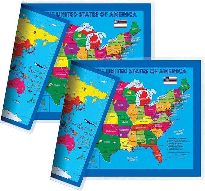 2-Sided Desk Map with Durable Lamination (2 Children's Desk Maps: US Map/Europe Centered World Map)