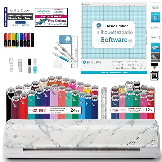 Silhouette Cameo 5 Vinyl Bundle- 36 Sheets of Vinyl, Vinyl Tool Kit, Premium Blade, Pens, and Cameo 5 Start Up Guide with Extra Designs (Marble)