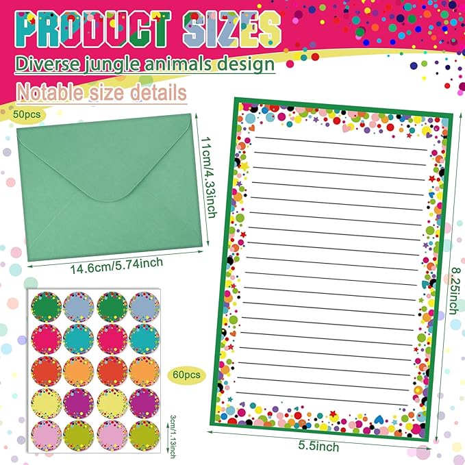 TaoBary 160 Packs Stationery Paper Set (50 Double Sided Stationery Writing Papers 50 Matching Envelopes) 60 Round Dot Sticker, 10 Design(Dot,5.5 x 8.25 Inch)