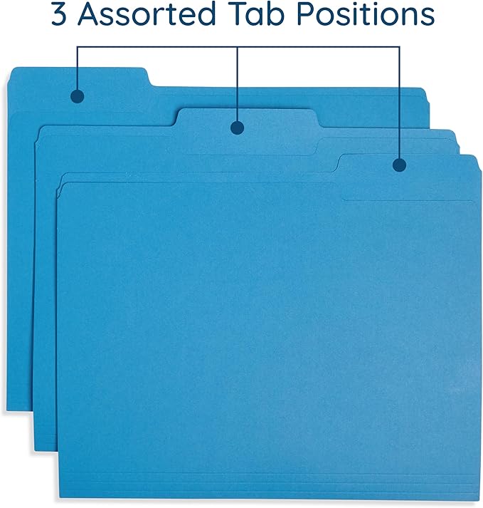 200 Blue Summit Supplies Blue File Folders with 1/3 Cut Tabs, Letter Size, Durable 11pt Paper, Uncoated Blue Paper, Colorful Blue File Folders for Office and Home Organization