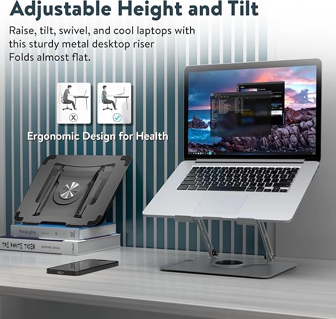 Swivel Laptop Stand for Desk, Adjustable Laptop Stand for Desk w/ 360° Rotation, Raise Tilt Cools Laptop with This Ergonomic Laptop Stand Riser, Collapsible iPad Computer Laptop Stand (Space Gray)